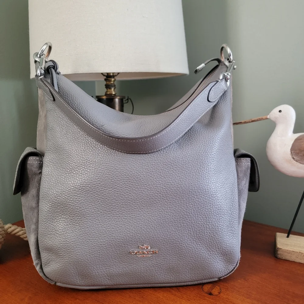 Coach C1522 Pennie Pebbled Leather Hobo Shoulder Bag Gray Suede